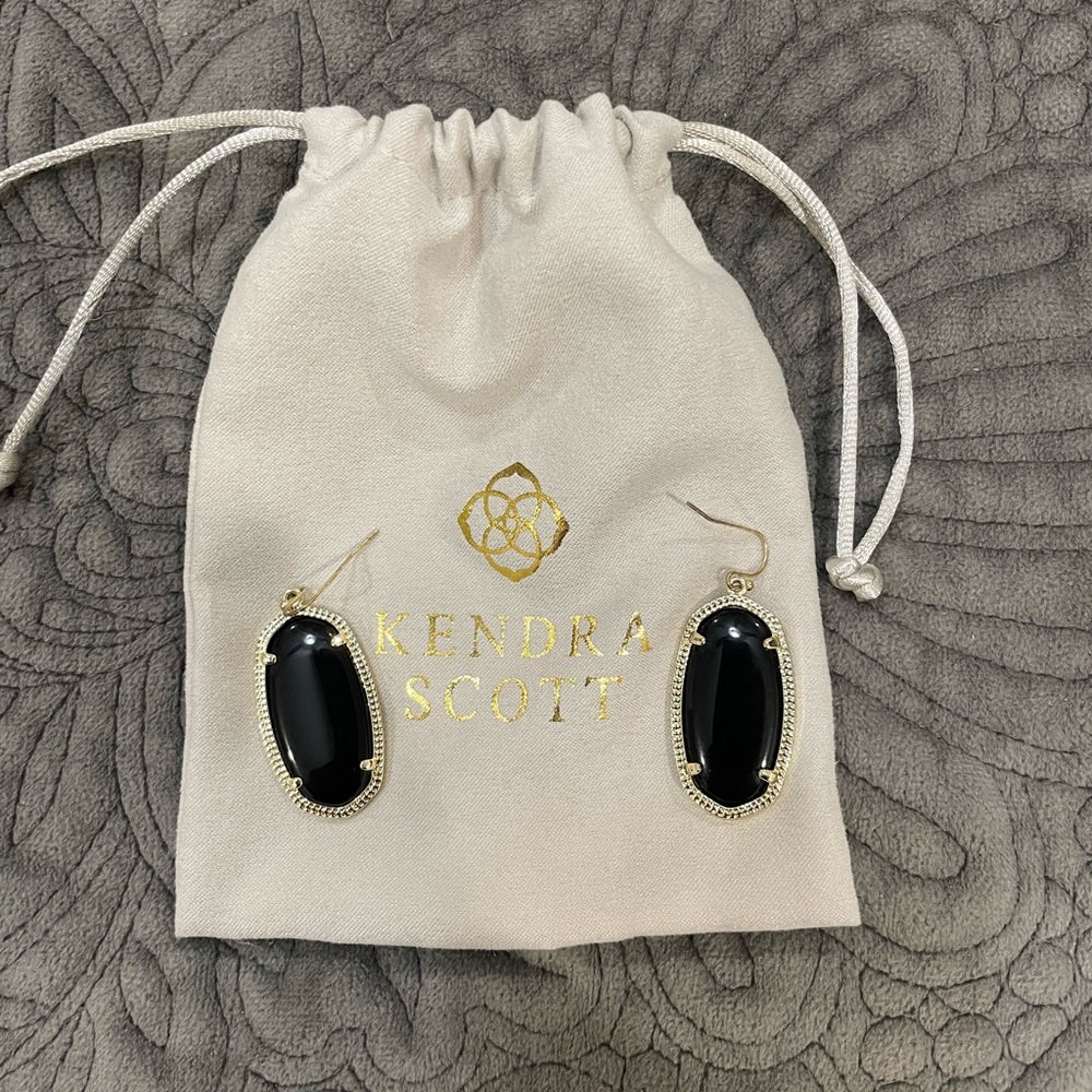 Kendra Scott Elle Gold Drop Earrings in Black Opaque Glass Excellent Condition